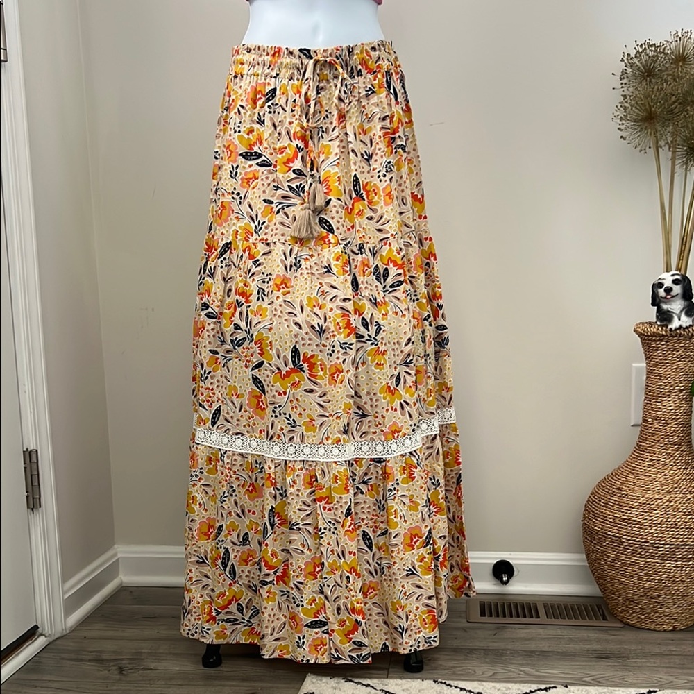 In Bloom Orange Yellow Tiered Maxi Skirt